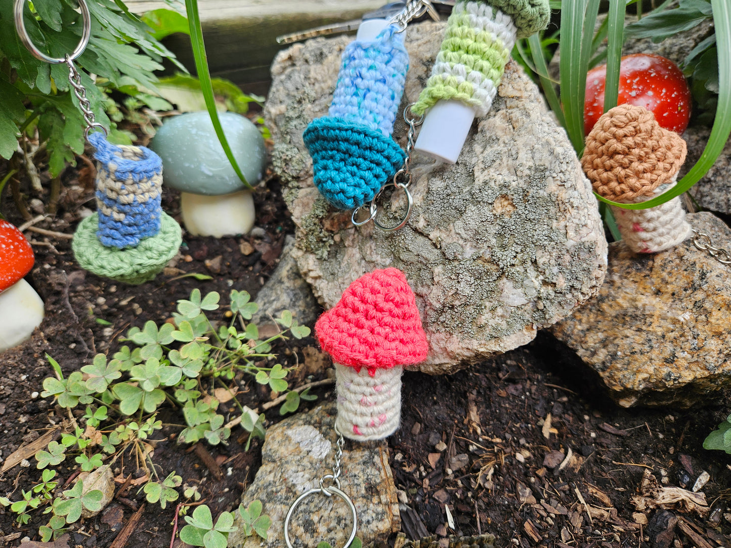 Pattern- Mushroom Crochet Lip Balm Keychain or Bag Charm - multiple colors