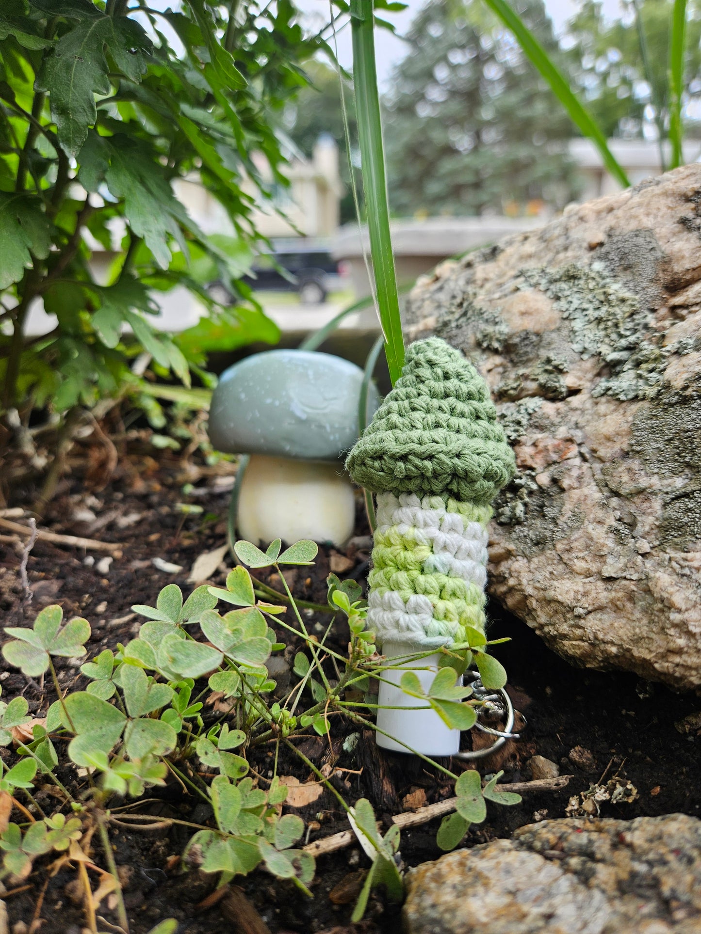 Pattern- Mushroom Crochet Lip Balm Keychain or Bag Charm - green