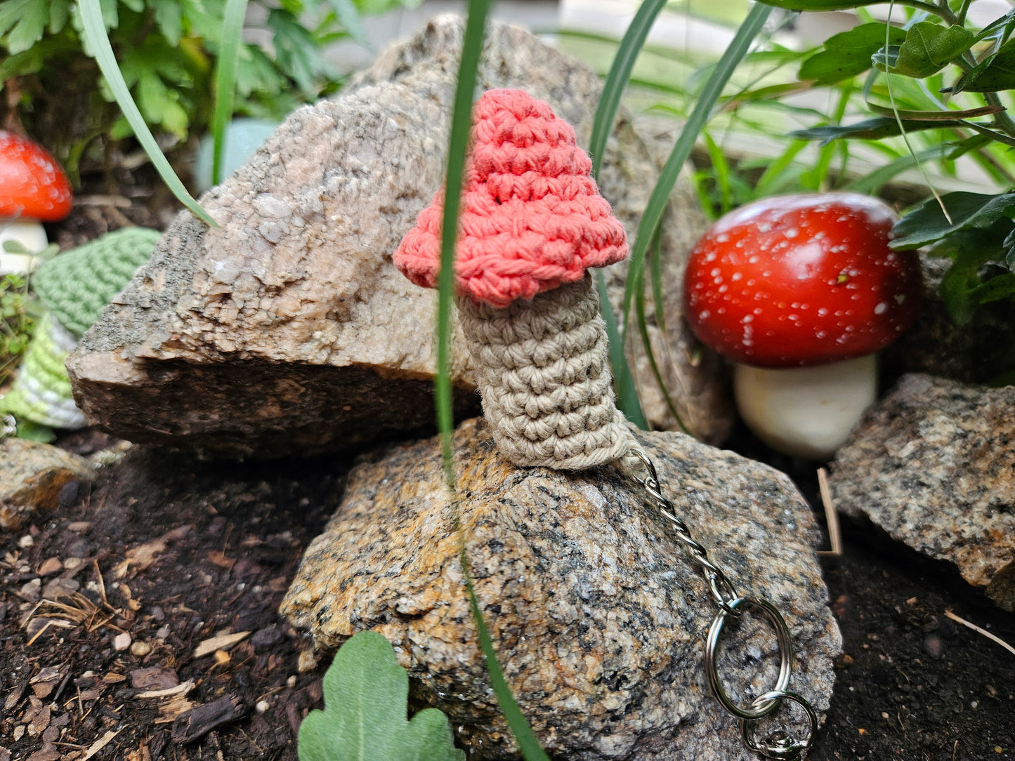 Pattern- Mushroom Crochet Lip Balm Keychain or Bag Charm - red/beige
