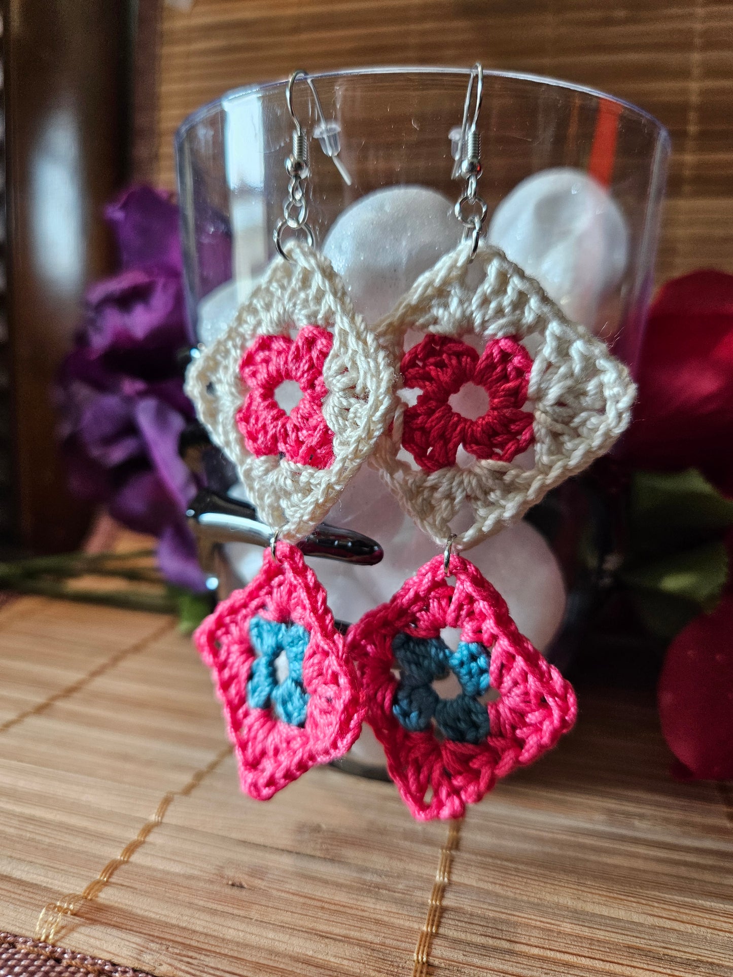 Crochet Granny Square Dangle Earrings - Ecru Pink and Blue