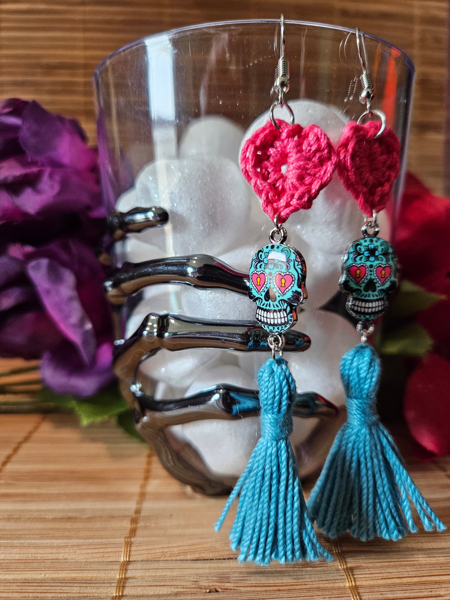 Granny Square Style Heart Earrings with Sugar Skull Charm and Tassel