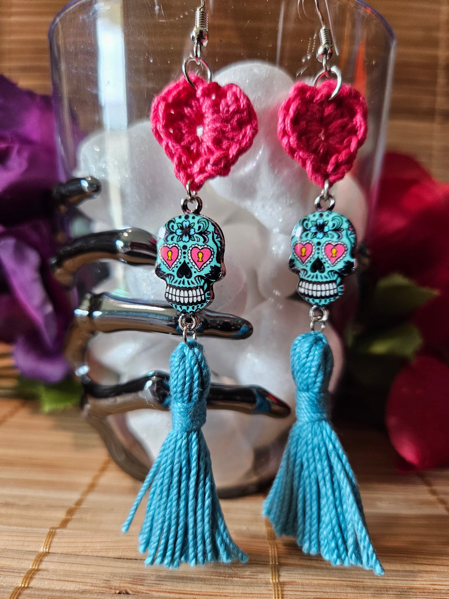 Granny Square Style Heart Earrings with Sugar Skull Charm and Tassel