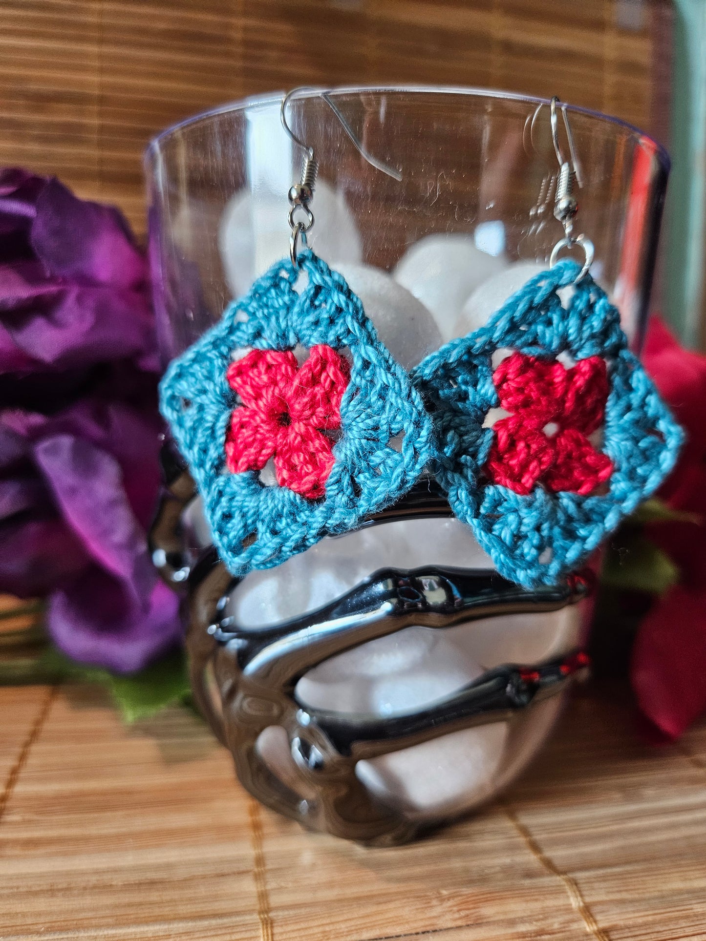 Crochet Granny Square Dangle Earrings - Blue and Pink