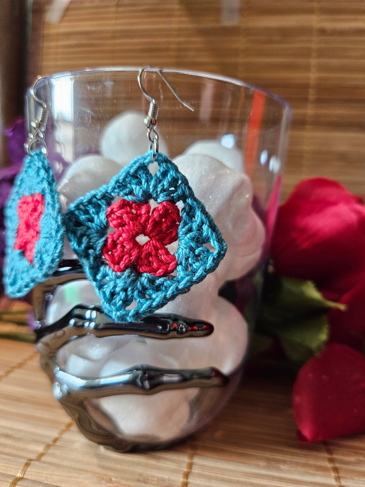 Crochet Granny Square Dangle Earrings - Blue and Pink