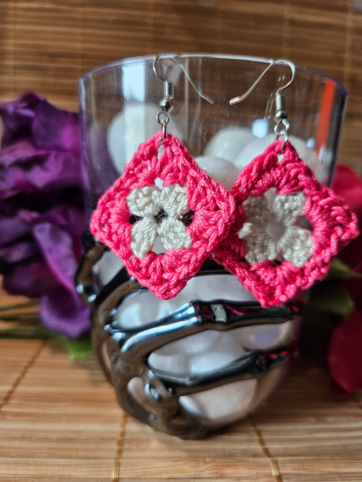 Crochet Granny Square Dangle Earrings - Pink and Ecru