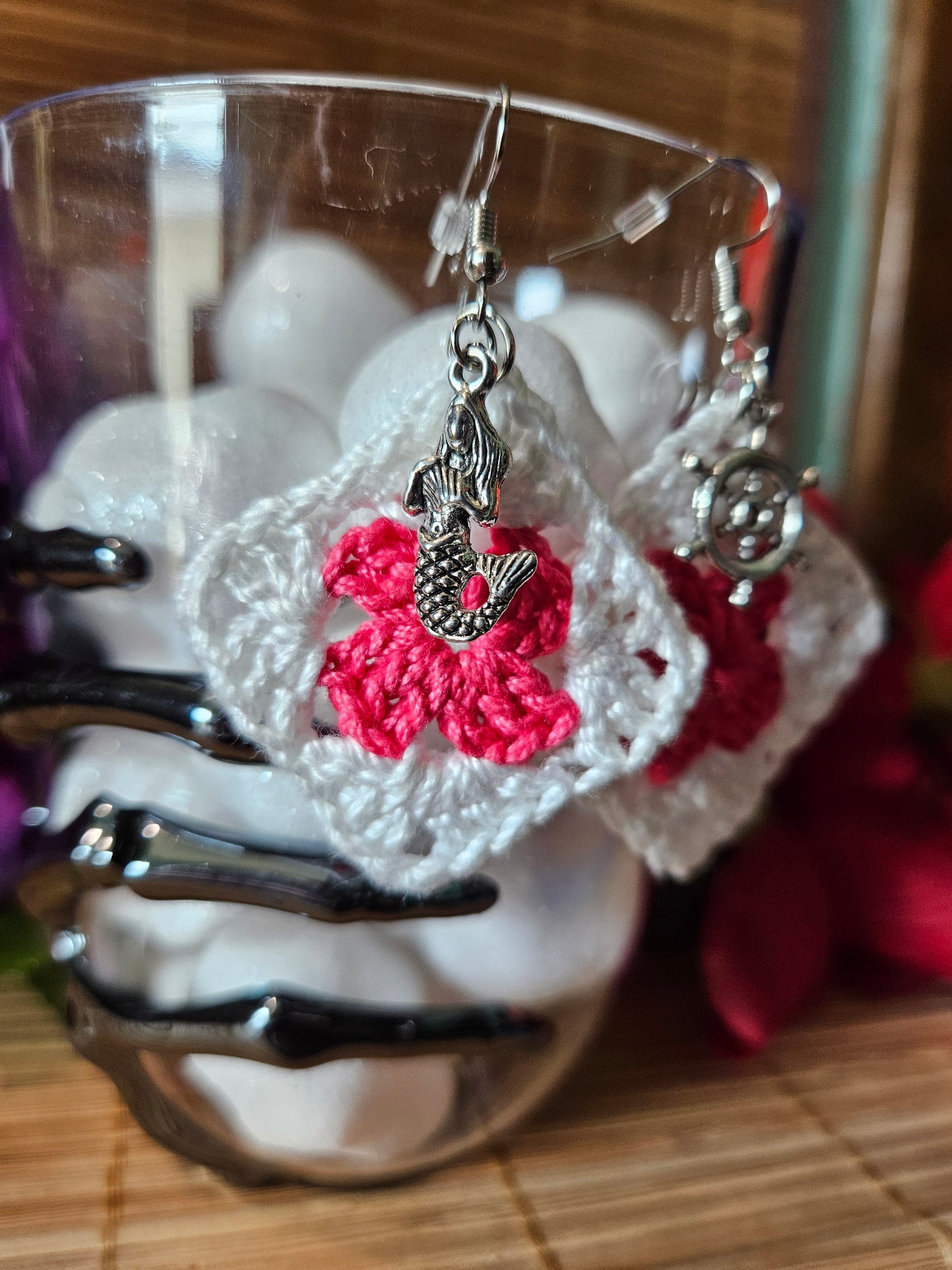Crochet Granny Square Earring with Mermaid and Ship Wheel Charms