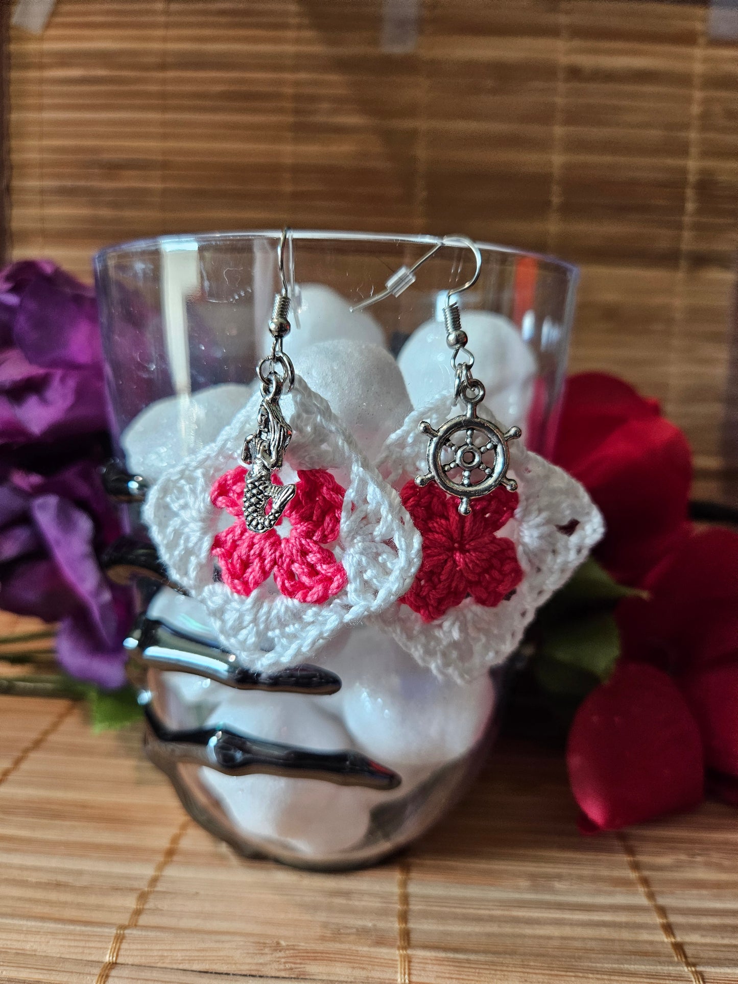 Crochet Granny Square Earring with Mermaid and Ship Wheel Charms