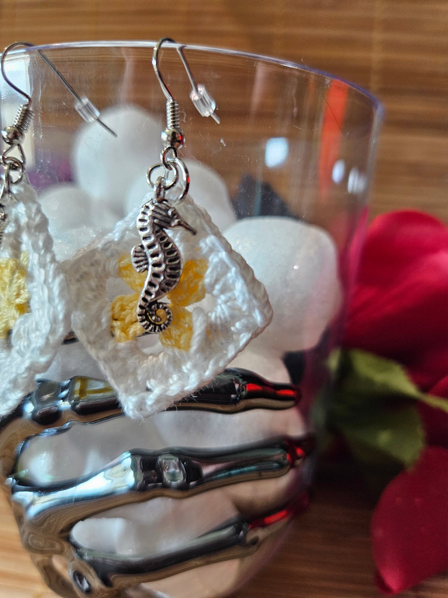 Crochet Granny Square Earring with Starfish and Seahorse Charms